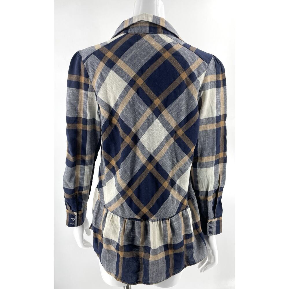 Brickyard Buffalo Plaid Top Sz Large Button Up Navy Blue Tan Ruffle Back Womens - Picture 3 of 4